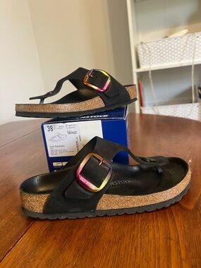 Birkenstock Black Big Buckle Gizeh with Iridescent Buckle